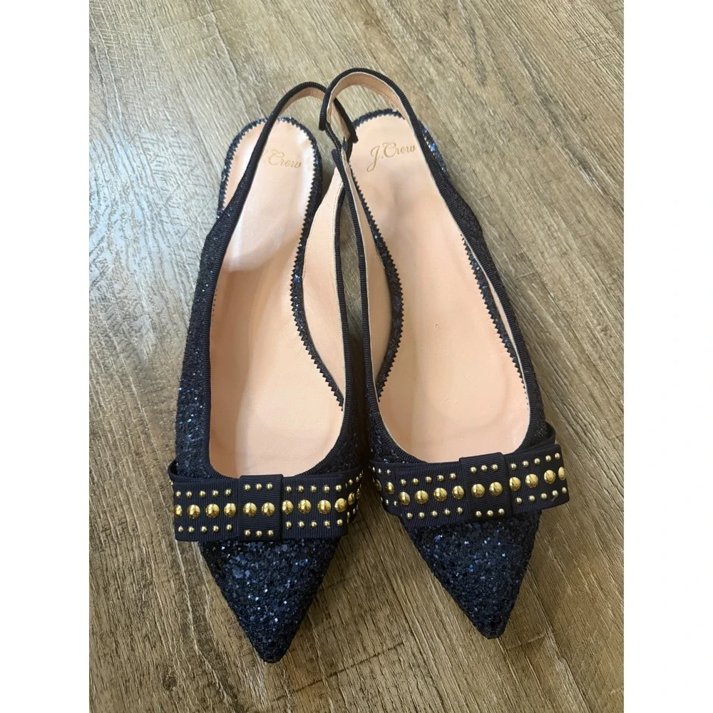 J.Crew Navy Blue Glitter Slingback Flats Studded Bow Pointed Toe Size 12
